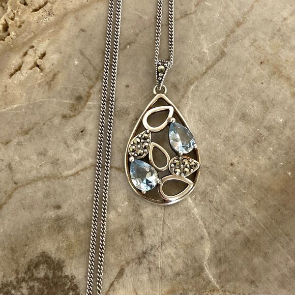 Sterling Silver 925 SLC Blue Topaz Marcasite Teardrop Pendant Necklace 18" Chain - Picture 1 of 16